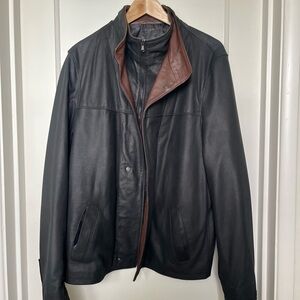 Men's Italian Black Leather Jacket with Brown Accents